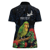 New Zealand Kakapo Matariki Personalised Women Polo Shirt Pohutukawa Flower Galaxy Maori Pattern