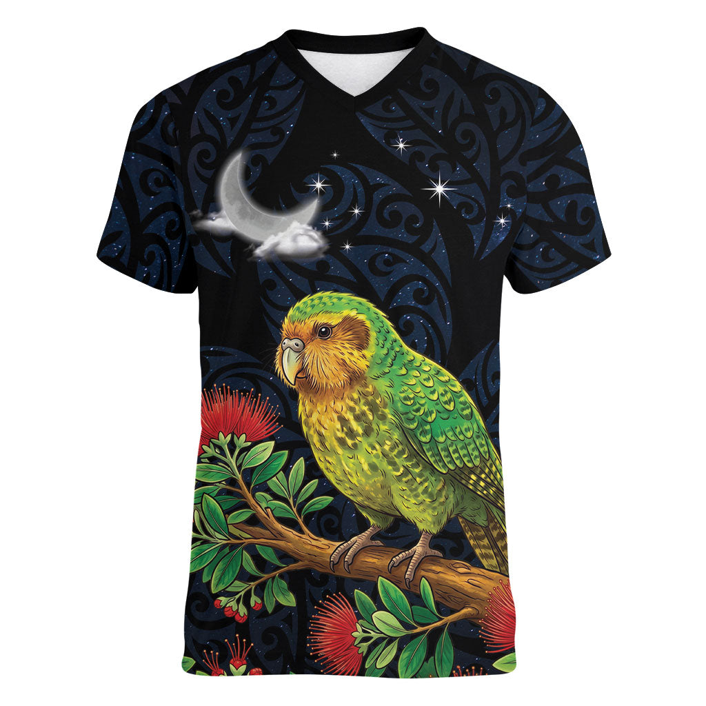 New Zealand Kakapo Matariki Personalised Women V-Neck T-Shirt Pohutukawa Flower Galaxy Maori Pattern LT22 Female Black - Polynesian Pride