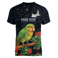 New Zealand Kakapo Matariki Personalised Women V-Neck T-Shirt Pohutukawa Flower Galaxy Maori Pattern LT22 - Polynesian Pride