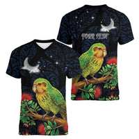 New Zealand Kakapo Matariki Personalised Women V-Neck T-Shirt Pohutukawa Flower Galaxy Maori Pattern LT22 - Polynesian Pride