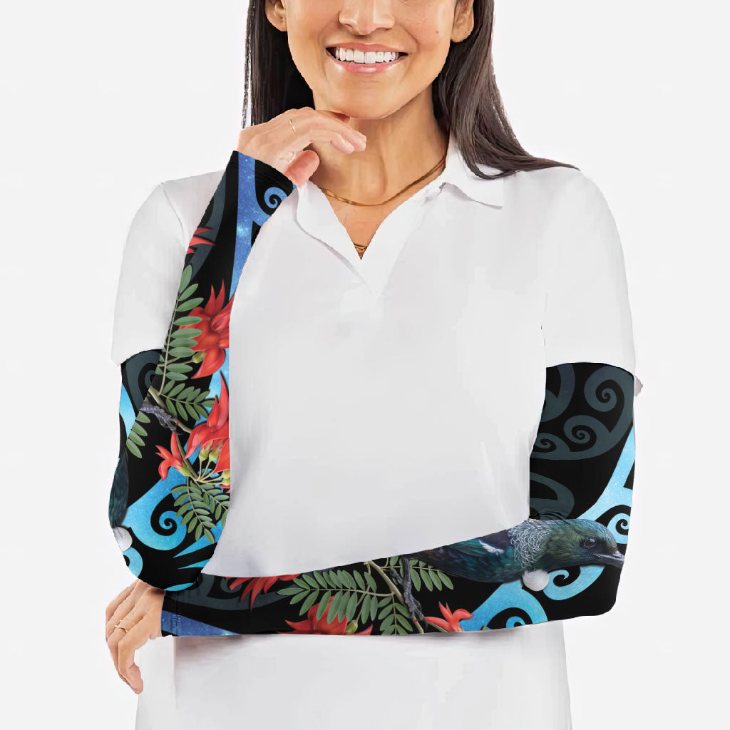 Tui Bird Kakabeak New Zealand Arm Sleeves Clianthus Galaxy Maori Koru Pattern