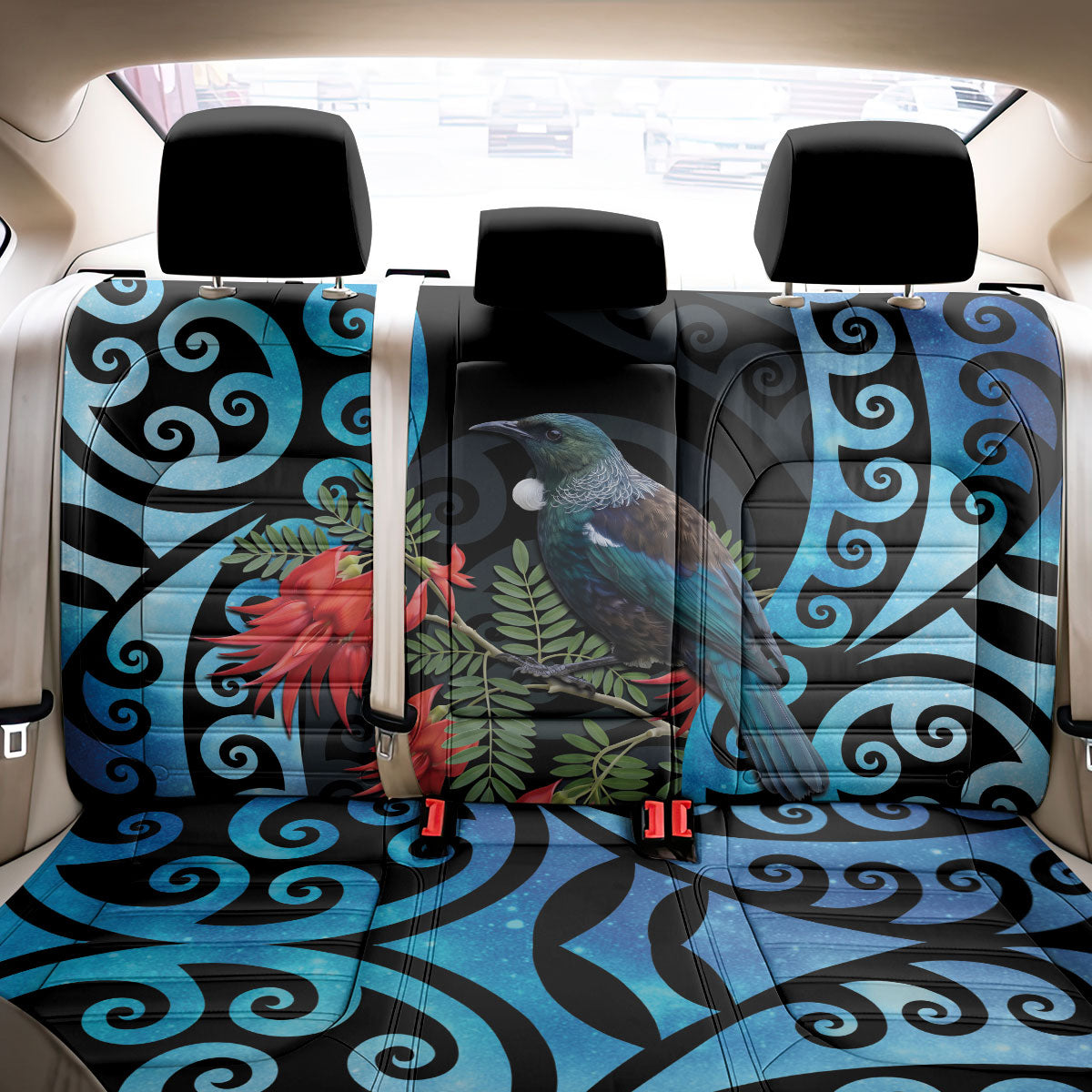 Tui Bird Kakabeak New Zealand Back Car Seat Cover Clianthus Galaxy Maori Koru Pattern