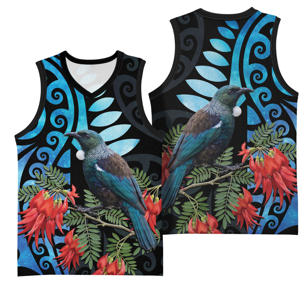Tui Bird Kakabeak New Zealand Basketball Jersey Clianthus Galaxy Maori Koru Pattern