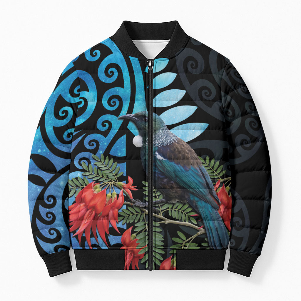 Tui Bird Kakabeak New Zealand Bomber Puffer Jacket Clianthus Galaxy Maori Koru Pattern