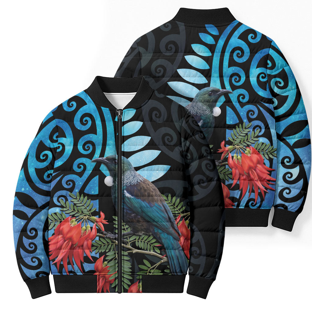 Tui Bird Kakabeak New Zealand Bomber Puffer Jacket Clianthus Galaxy Maori Koru Pattern