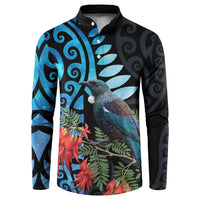 Tui Bird Kakabeak New Zealand Button Sweatshirt Clianthus Galaxy Maori Koru Pattern