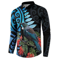 Tui Bird Kakabeak New Zealand Button Sweatshirt Clianthus Galaxy Maori Koru Pattern