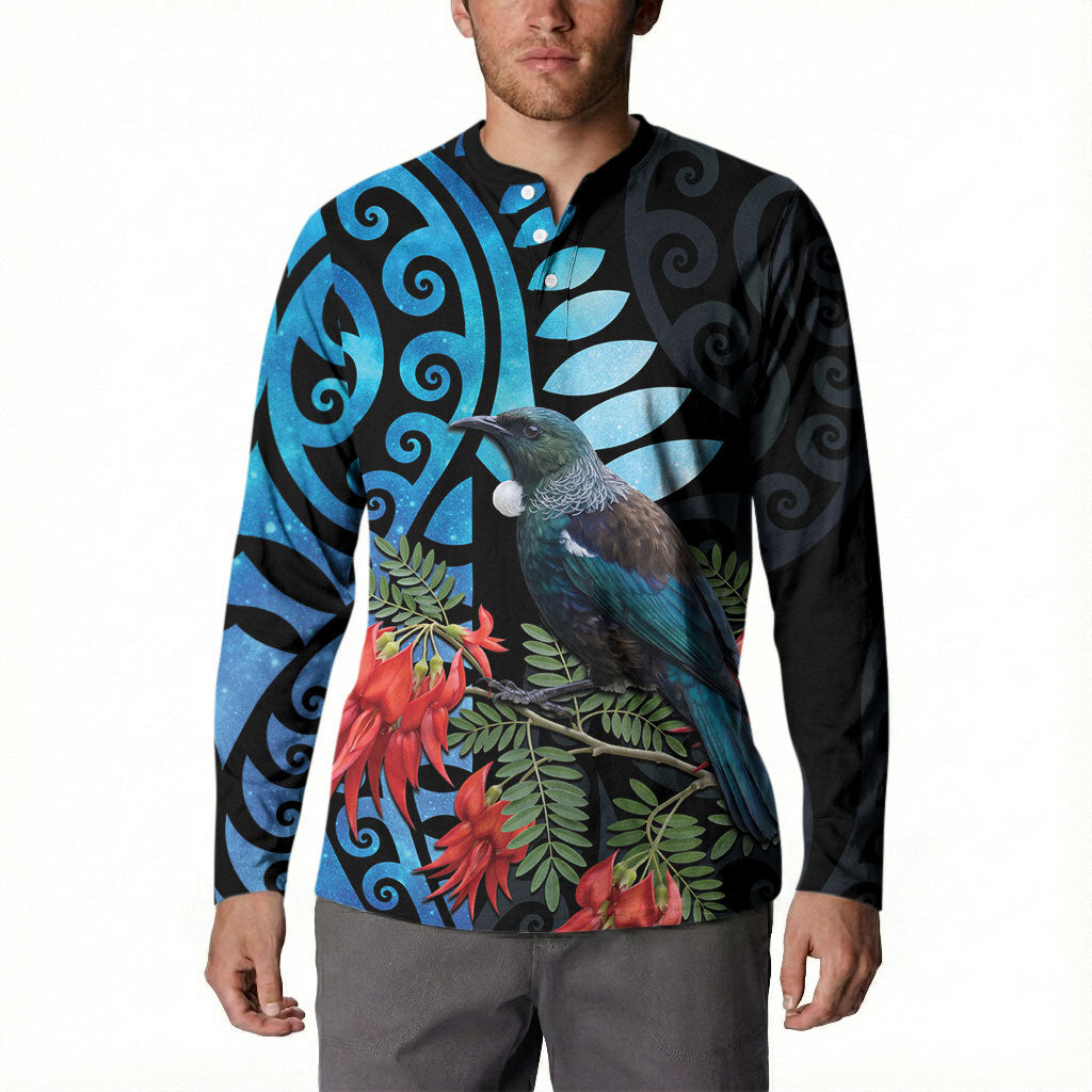 Tui Bird Kakabeak New Zealand Button Sweatshirt Clianthus Galaxy Maori Koru Pattern