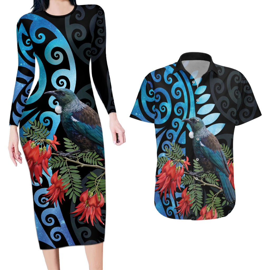 Tui Bird Kakabeak New Zealand Couples Matching Long Sleeve Bodycon Dress and Hawaiian Shirt Clianthus Galaxy Maori Koru Pattern LT22 Blue - Polynesian Pride