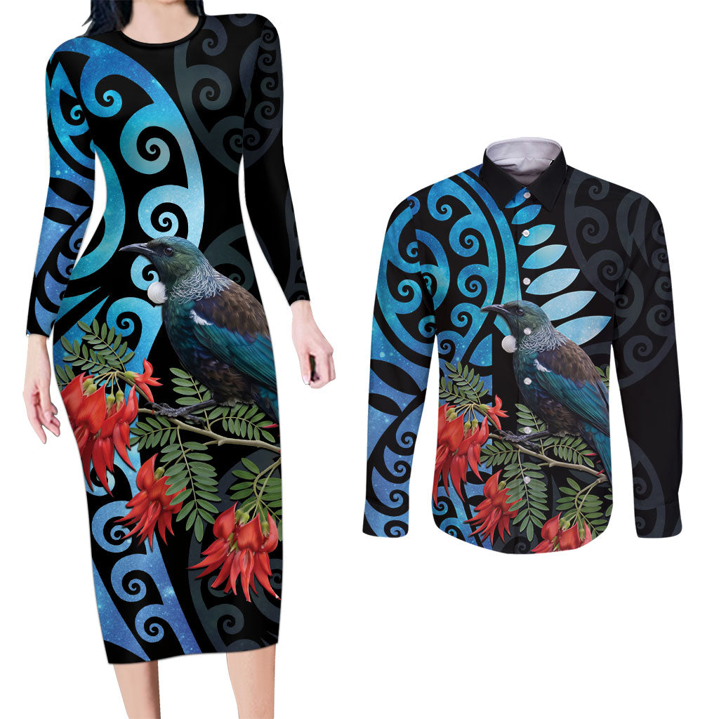 Tui Bird Kakabeak New Zealand Couples Matching Long Sleeve Bodycon Dress and Long Sleeve Button Shirt Clianthus Galaxy Maori Koru Pattern LT22 Blue - Polynesian Pride