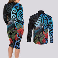 Tui Bird Kakabeak New Zealand Couples Matching Long Sleeve Bodycon Dress and Long Sleeve Button Shirt Clianthus Galaxy Maori Koru Pattern LT22 - Polynesian Pride