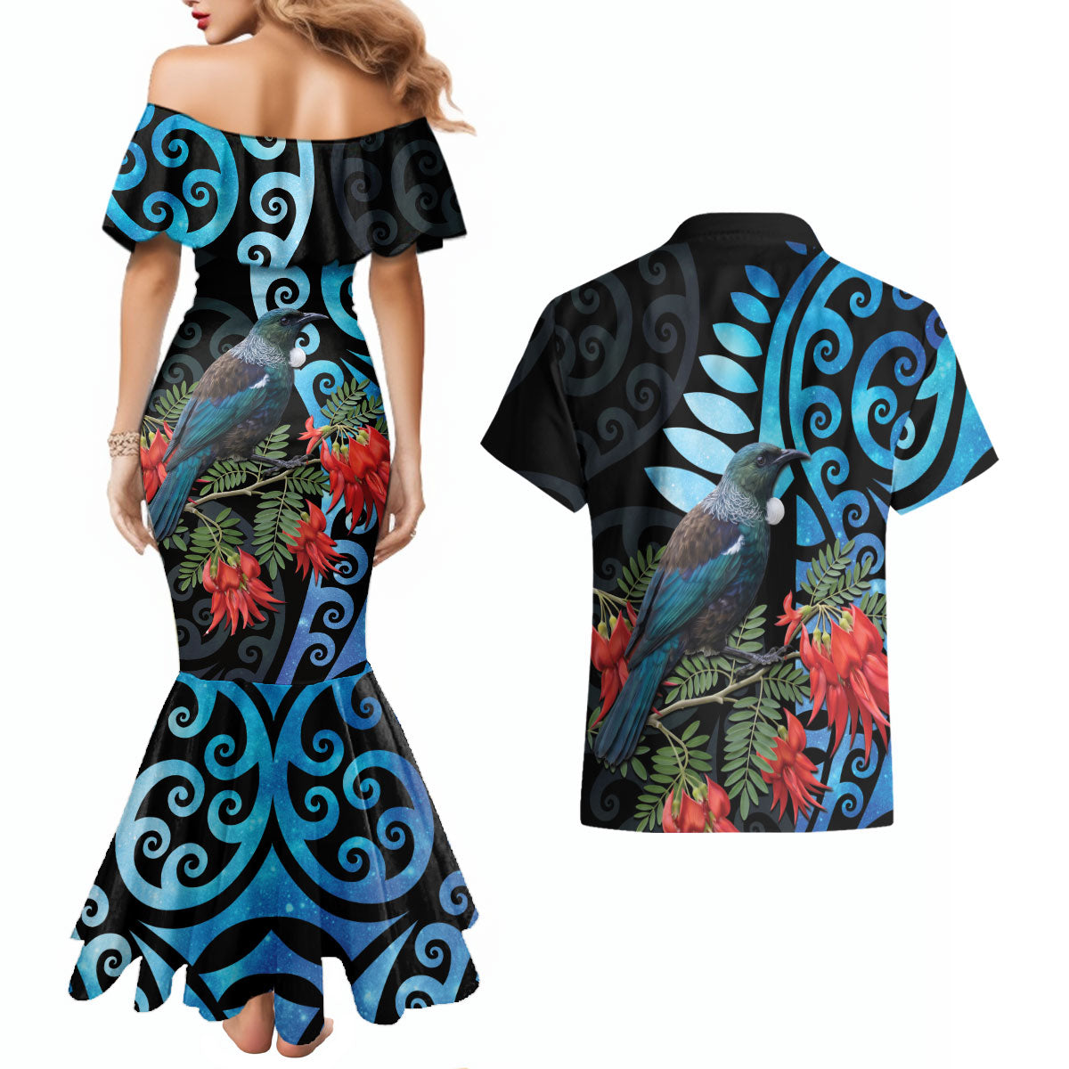 Tui Bird Kakabeak New Zealand Couples Matching Mermaid Dress and Hawaiian Shirt Clianthus Galaxy Maori Koru Pattern LT22 - Polynesian Pride