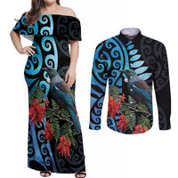 Tui Bird Kakabeak New Zealand Couples Matching Off Shoulder Maxi Dress and Long Sleeve Button Shirt Clianthus Galaxy Maori Koru Pattern