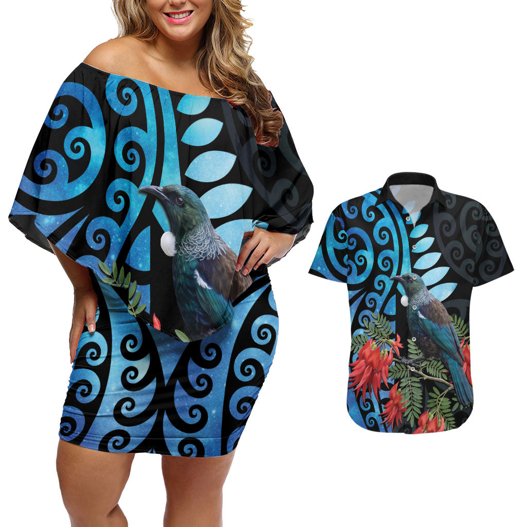 Tui Bird Kakabeak New Zealand Couples Matching Off Shoulder Short Dress and Hawaiian Shirt Clianthus Galaxy Maori Koru Pattern LT22 Blue - Polynesian Pride