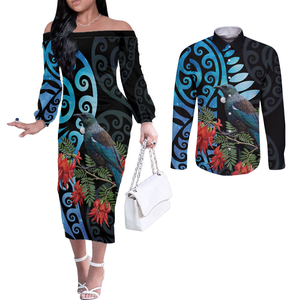 Tui Bird Kakabeak New Zealand Couples Matching Off The Shoulder Long Sleeve Dress and Long Sleeve Button Shirt Clianthus Galaxy Maori Koru Pattern LT22 Blue - Polynesian Pride