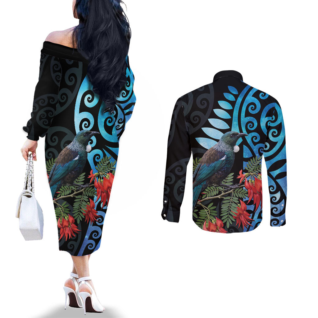 Tui Bird Kakabeak New Zealand Couples Matching Off The Shoulder Long Sleeve Dress and Long Sleeve Button Shirt Clianthus Galaxy Maori Koru Pattern LT22 - Polynesian Pride