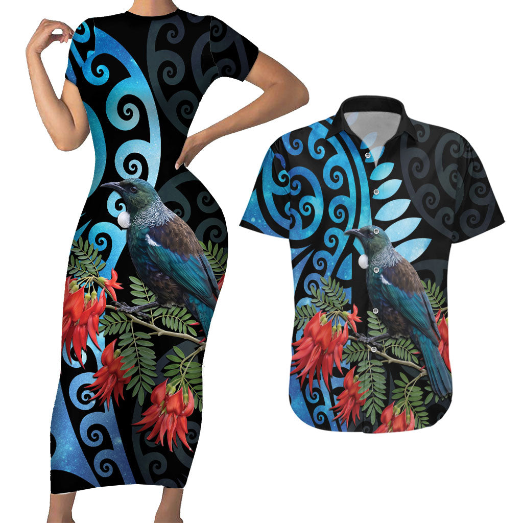Tui Bird Kakabeak New Zealand Couples Matching Short Sleeve Bodycon Dress and Hawaiian Shirt Clianthus Galaxy Maori Koru Pattern LT22 Blue - Polynesian Pride