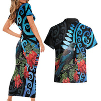 Tui Bird Kakabeak New Zealand Couples Matching Short Sleeve Bodycon Dress and Hawaiian Shirt Clianthus Galaxy Maori Koru Pattern LT22 - Polynesian Pride