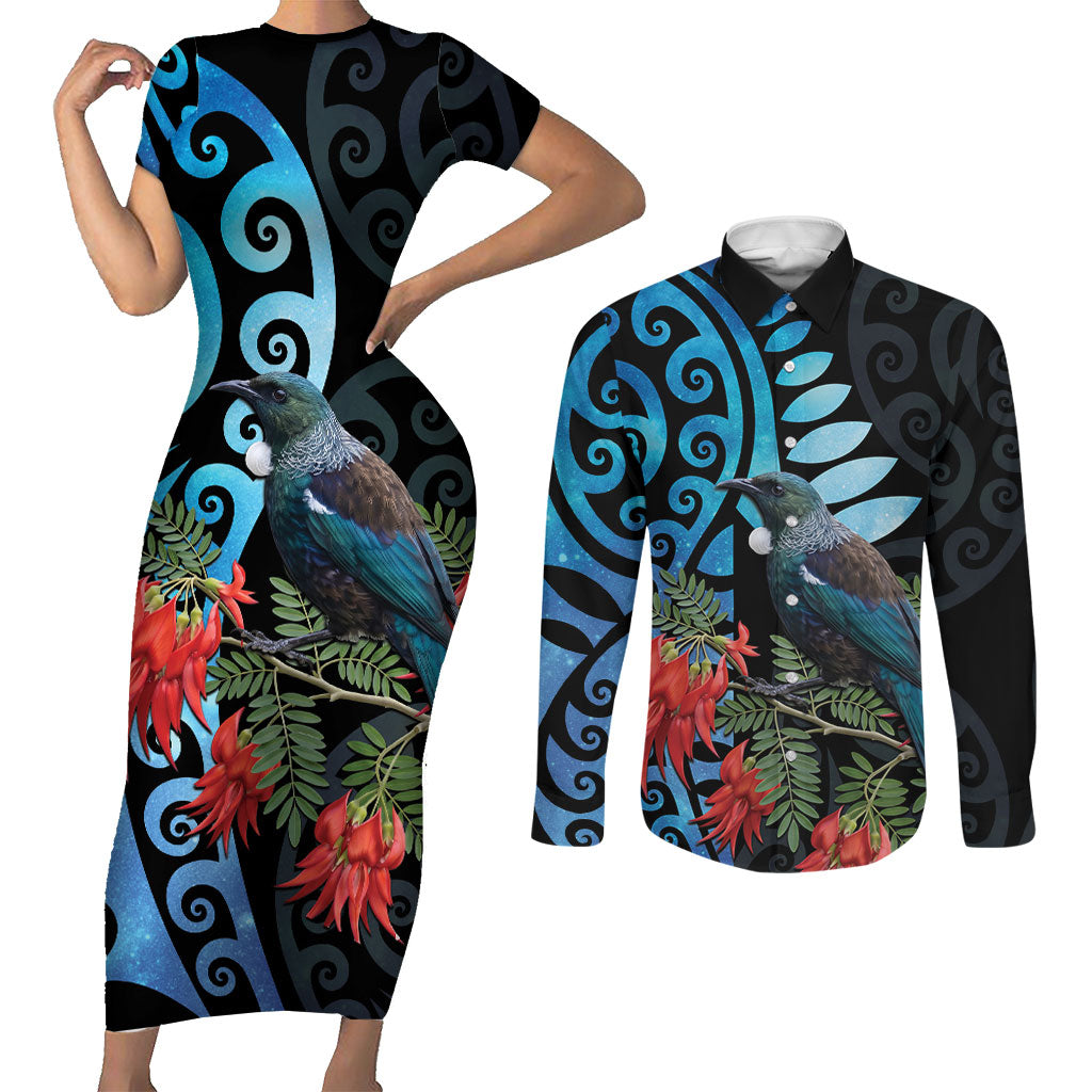Tui Bird Kakabeak New Zealand Couples Matching Short Sleeve Bodycon Dress and Long Sleeve Button Shirt Clianthus Galaxy Maori Koru Pattern LT22 Blue - Polynesian Pride