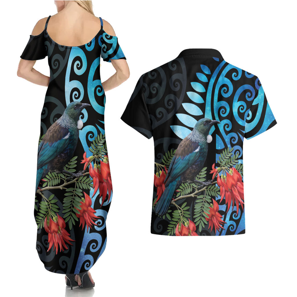 Tui Bird Kakabeak New Zealand Couples Matching Summer Maxi Dress and Hawaiian Shirt Clianthus Galaxy Maori Koru Pattern LT22 - Polynesian Pride