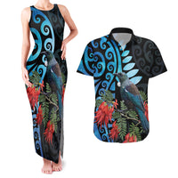 Tui Bird Kakabeak New Zealand Couples Matching Tank Maxi Dress and Hawaiian Shirt Clianthus Galaxy Maori Koru Pattern LT22 Blue - Polynesian Pride