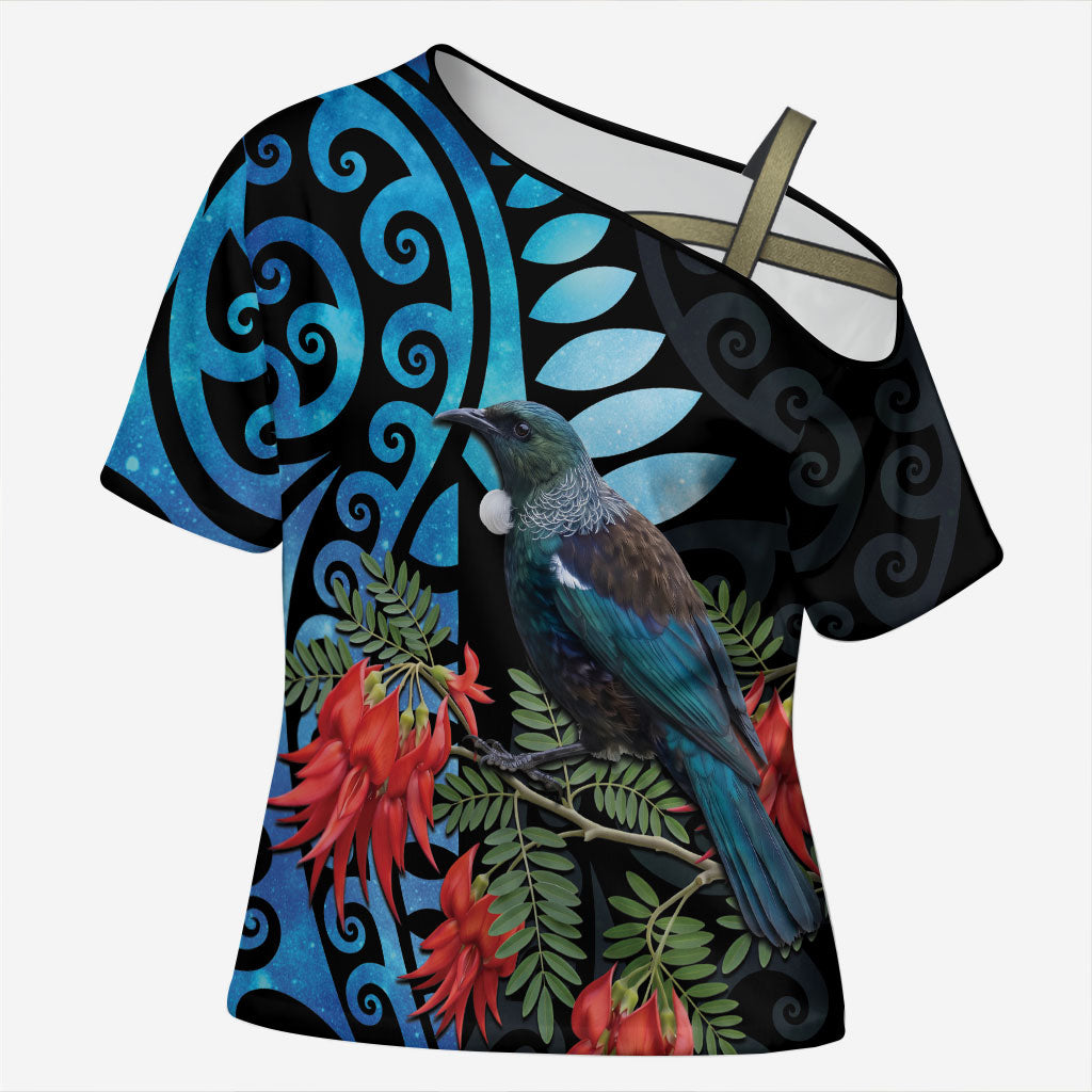 Tui Bird Kakabeak New Zealand Cross Shoulder Shirt Clianthus Galaxy Maori Koru Pattern