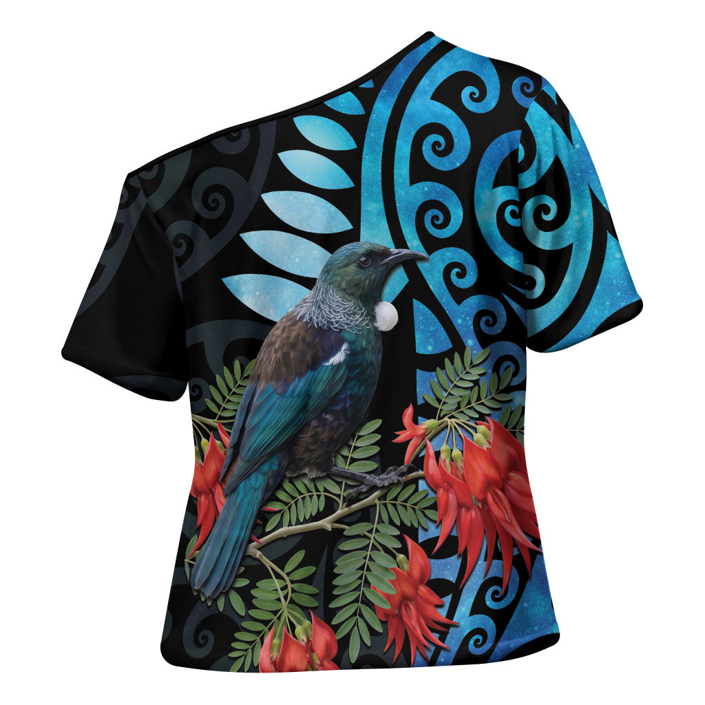 Tui Bird Kakabeak New Zealand Cross Shoulder Shirt Clianthus Galaxy Maori Koru Pattern
