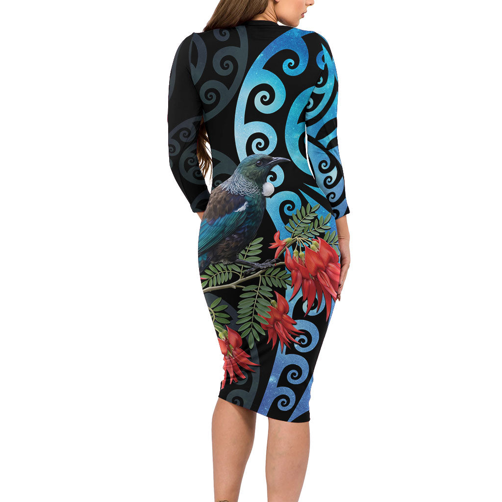 Tui Bird Kakabeak New Zealand Family Matching Long Sleeve Bodycon Dress and Hawaiian Shirt Clianthus Galaxy Maori Koru Pattern LT22 - Polynesian Pride