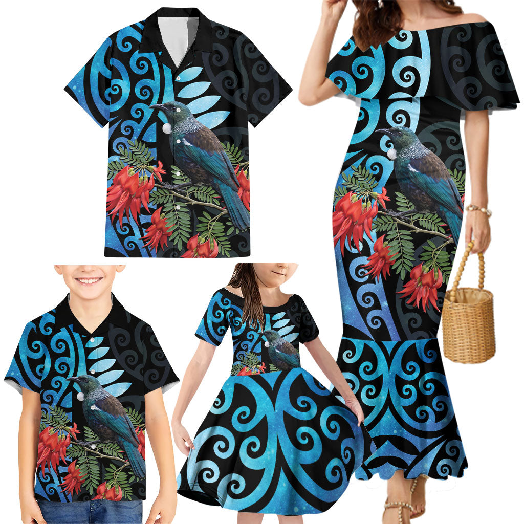 Tui Bird Kakabeak New Zealand Family Matching Mermaid Dress and Hawaiian Shirt Clianthus Galaxy Maori Koru Pattern LT22 - Polynesian Pride
