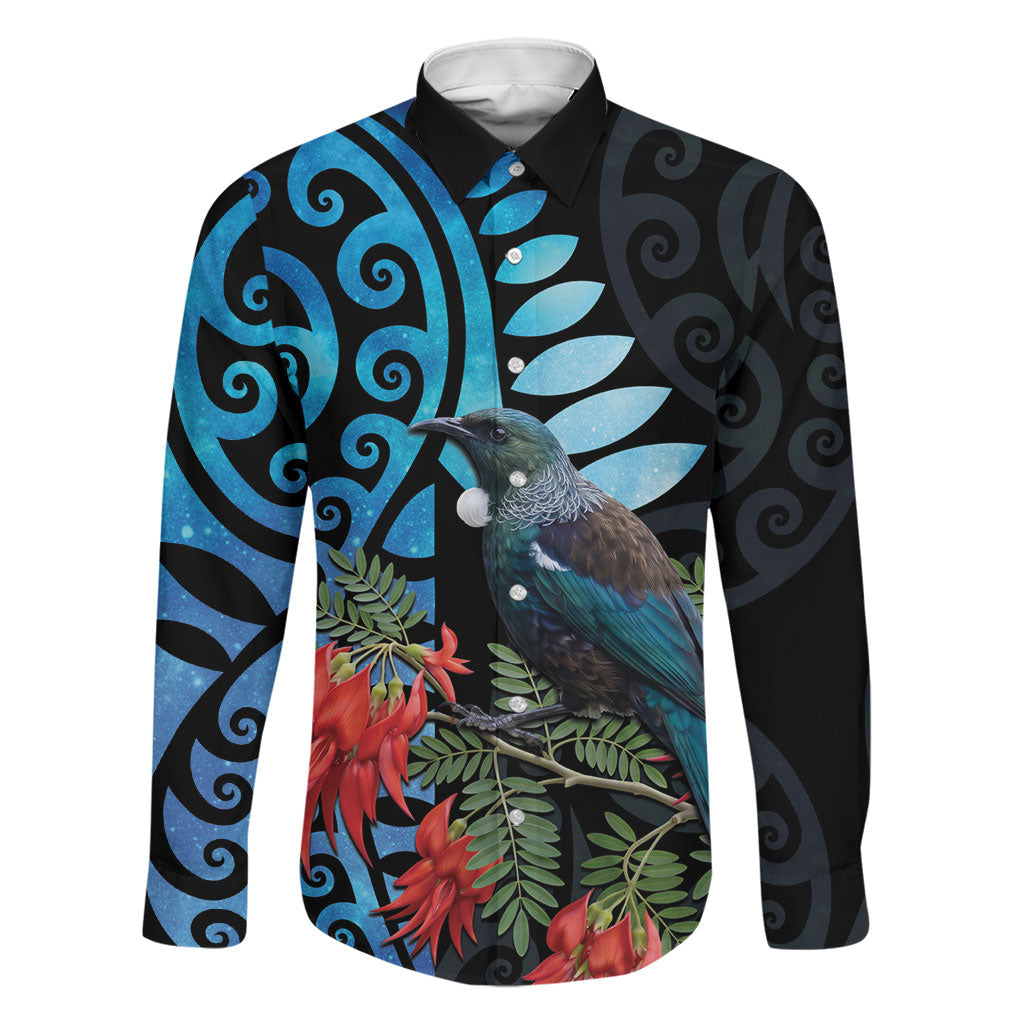 Tui Bird Kakabeak New Zealand Family Matching Off Shoulder Maxi Dress and Hawaiian Shirt Clianthus Galaxy Maori Koru Pattern LT22 Dad's Shirt - Long Sleeve Blue - Polynesian Pride