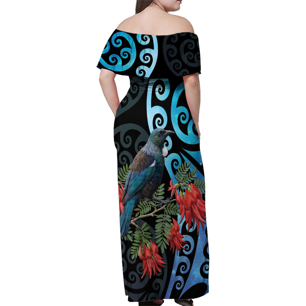 Tui Bird Kakabeak New Zealand Family Matching Off Shoulder Maxi Dress and Hawaiian Shirt Clianthus Galaxy Maori Koru Pattern LT22 - Polynesian Pride