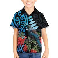 Tui Bird Kakabeak New Zealand Family Matching Off Shoulder Maxi Dress and Hawaiian Shirt Clianthus Galaxy Maori Koru Pattern LT22 Son's Shirt Blue - Polynesian Pride