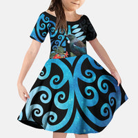 Tui Bird Kakabeak New Zealand Family Matching Off Shoulder Short Dress and Hawaiian Shirt Clianthus Galaxy Maori Koru Pattern LT22 Daughter's Dress Blue - Polynesian Pride