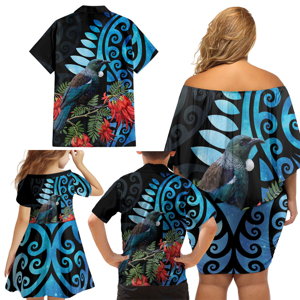 Tui Bird Kakabeak New Zealand Family Matching Off Shoulder Short Dress and Hawaiian Shirt Clianthus Galaxy Maori Koru Pattern LT22 - Polynesian Pride