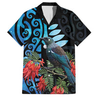 Tui Bird Kakabeak New Zealand Family Matching Puletasi and Hawaiian Shirt Clianthus Galaxy Maori Koru Pattern LT22 Dad's Shirt - Short Sleeve Blue - Polynesian Pride