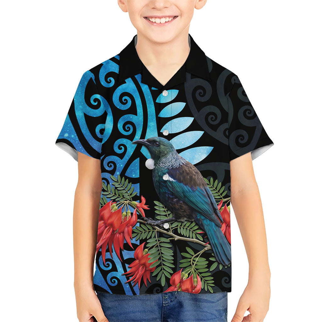Tui Bird Kakabeak New Zealand Family Matching Short Sleeve Bodycon Dress and Hawaiian Shirt Clianthus Galaxy Maori Koru Pattern LT22 Son's Shirt Blue - Polynesian Pride