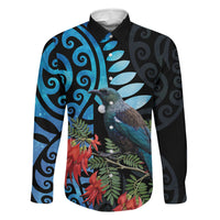 Tui Bird Kakabeak New Zealand Family Matching Summer Maxi Dress and Hawaiian Shirt Clianthus Galaxy Maori Koru Pattern LT22 Dad's Shirt - Long Sleeve Blue - Polynesian Pride