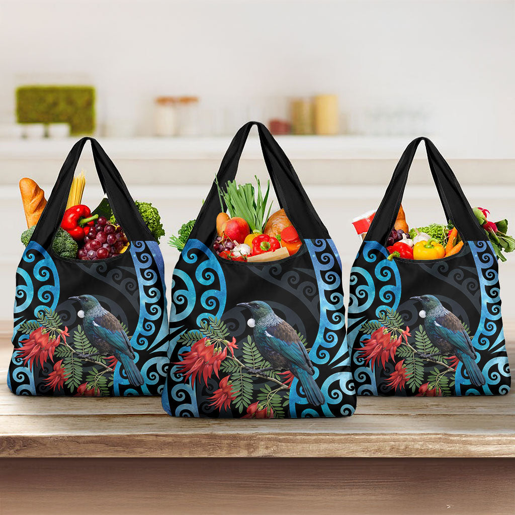 Tui Bird Kakabeak New Zealand Grocery Bag Clianthus Galaxy Maori Koru Pattern