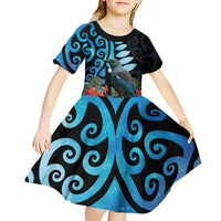 Tui Bird Kakabeak New Zealand Kid Short Sleeve Dress Clianthus Galaxy Maori Koru Pattern