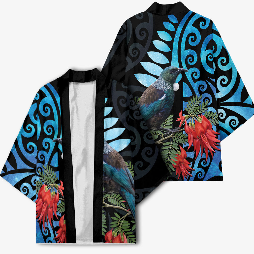 Tui Bird Kakabeak New Zealand Kimono Clianthus Galaxy Maori Koru Pattern