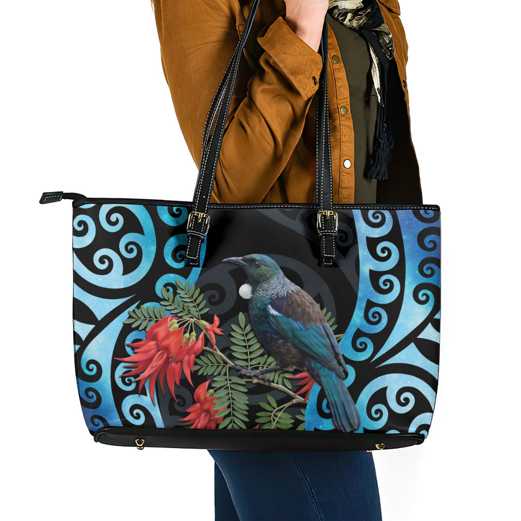 Tui Bird Kakabeak New Zealand Leather Tote Bag Clianthus Galaxy Maori Koru Pattern