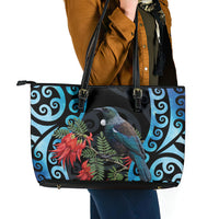 Tui Bird Kakabeak New Zealand Leather Tote Bag Clianthus Galaxy Maori Koru Pattern