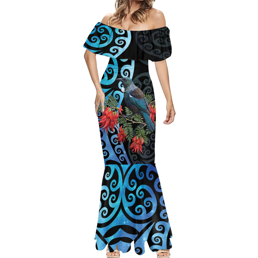 Tui Bird Kakabeak New Zealand Mermaid Dress Clianthus Galaxy Maori Koru Pattern
