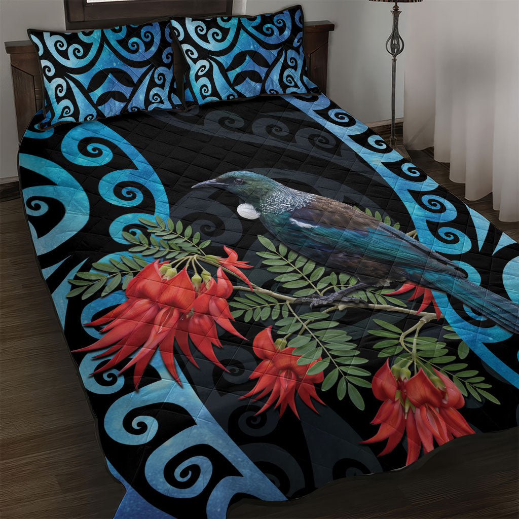 Tui Bird Kakabeak New Zealand Quilt Bed Set Clianthus Galaxy Maori Koru Pattern