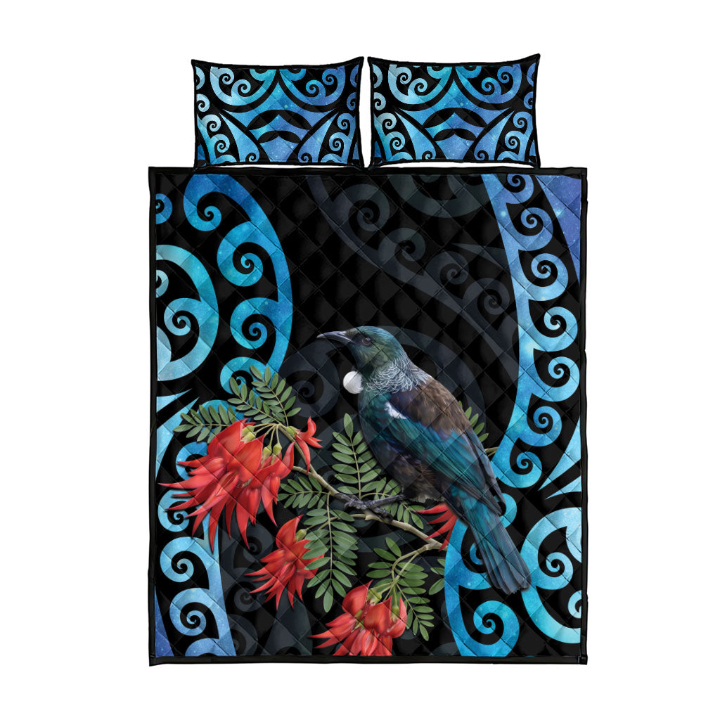 Tui Bird Kakabeak New Zealand Quilt Bed Set Clianthus Galaxy Maori Koru Pattern