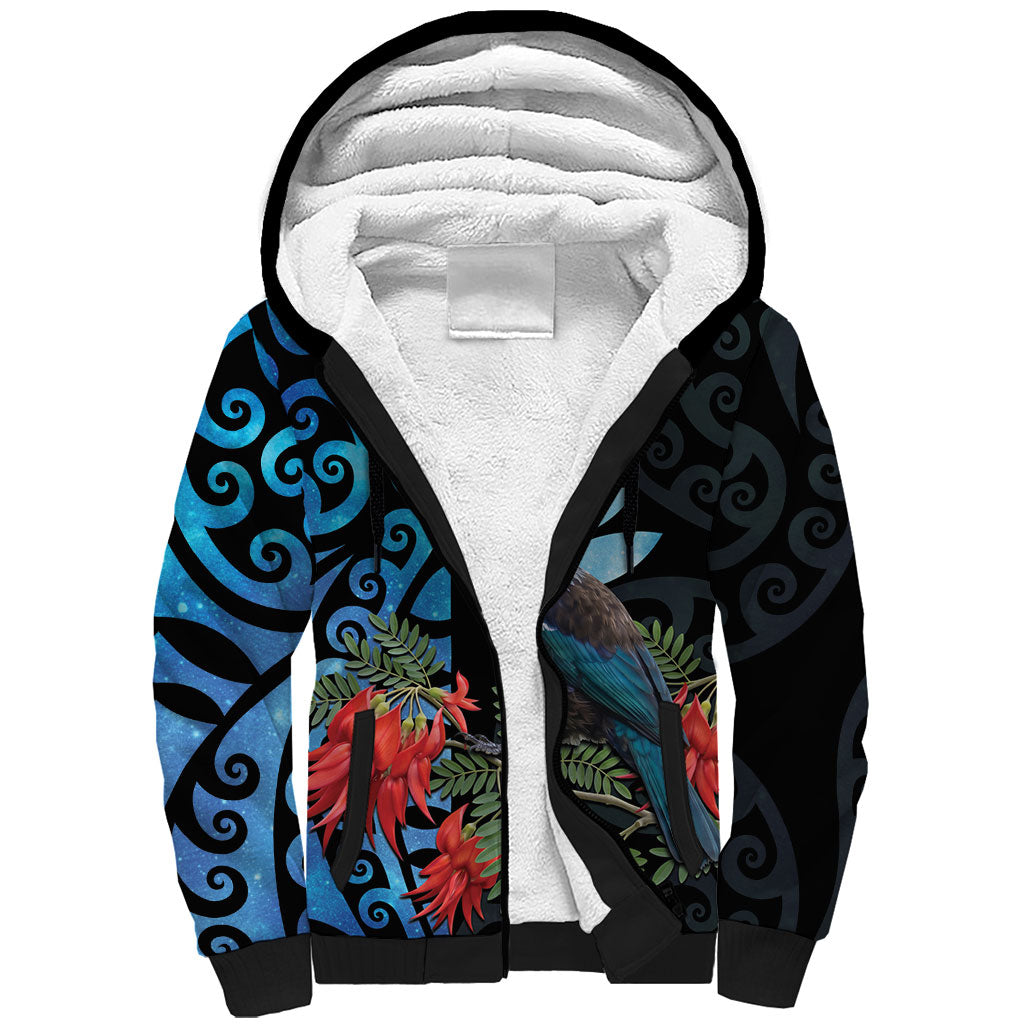 Tui Bird Kakabeak New Zealand Sherpa Hoodie Clianthus Galaxy Maori Koru Pattern