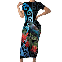 Tui Bird Kakabeak New Zealand Short Sleeve Bodycon Dress Clianthus Galaxy Maori Koru Pattern