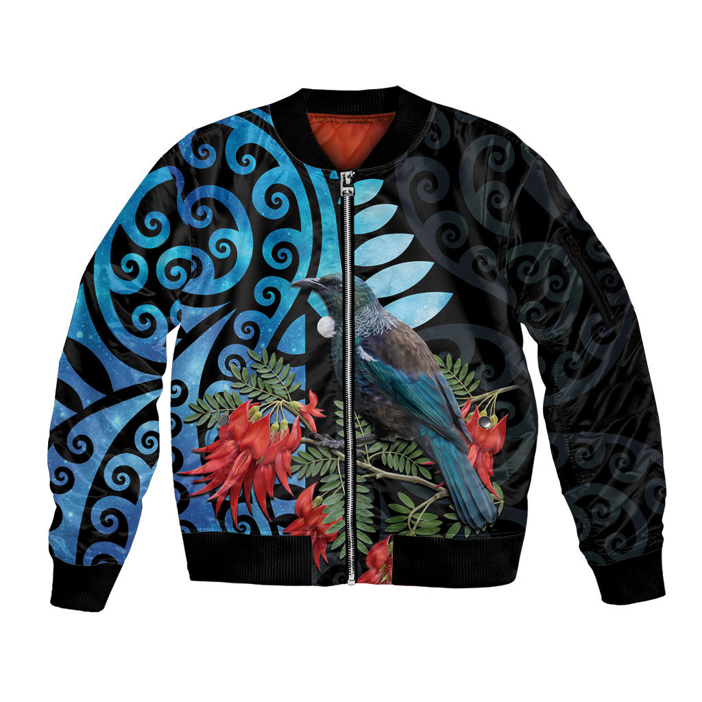 Tui Bird Kakabeak New Zealand Sleeve Zip Bomber Jacket Clianthus Galaxy Maori Koru Pattern