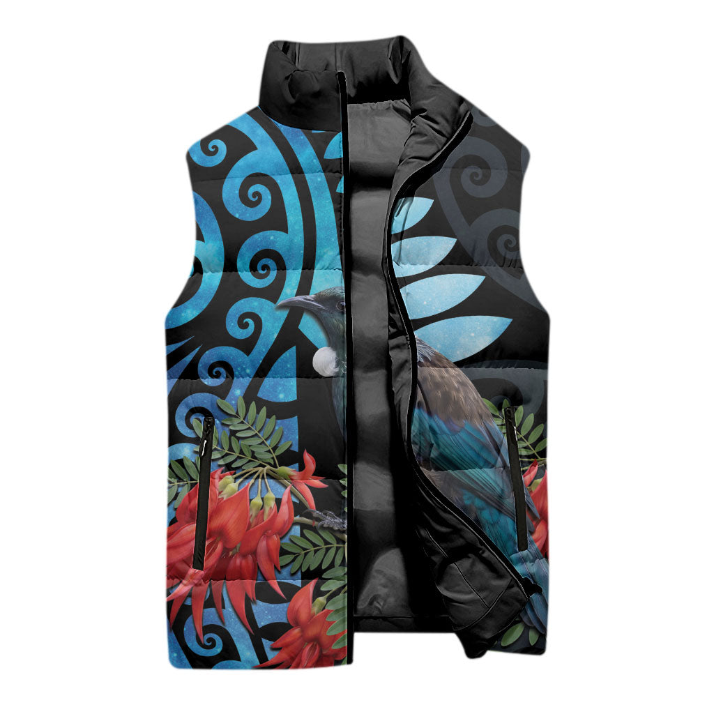 Tui Bird Kakabeak New Zealand Sleeveless Puffer Jacket Clianthus Galaxy Maori Koru Pattern