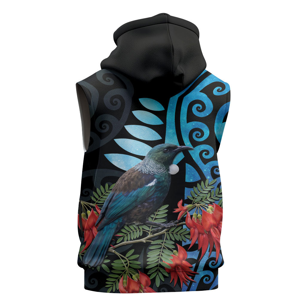 Tui Bird Kakabeak New Zealand Sleeveless Zip Hoodie Clianthus Galaxy Maori Koru Pattern